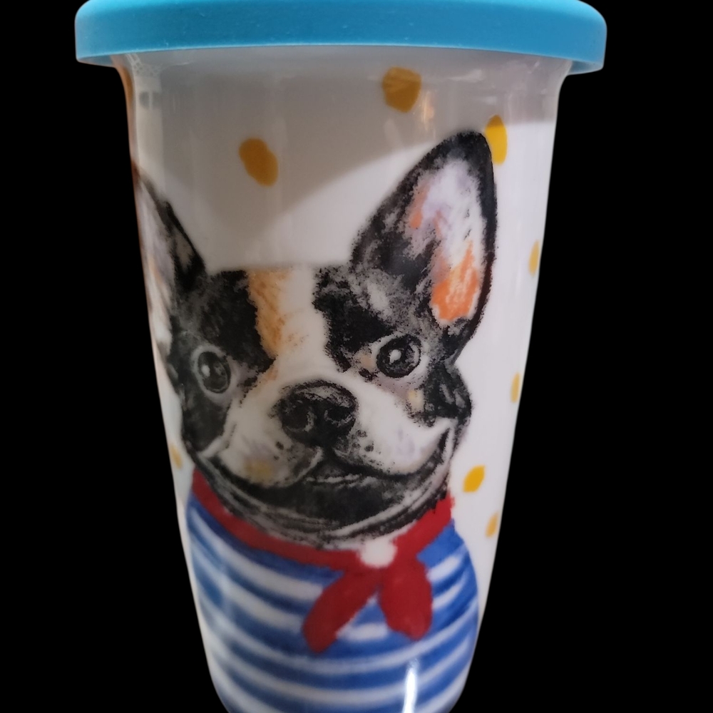 Blue and White Ceramic Travel Mug with Boston Terrier Design Retired Pier 1